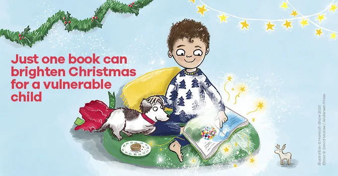 An illustration of a boy looking at a book excitedly with the words: 'Just one book can brighten Christmas for a vulnerable child'