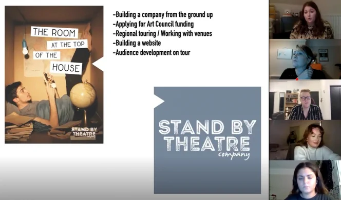 A screen grab of a Zoom Call of the Lincoln School of Fine and Performing Arts Cultural Industries Speaker Series. Alice Dale is pictured speaking to staff and students online, she is showing a slide about her company Stand By Theatre and a poster for a show by the company. The poster shows a boy reclining in a den he has made out of a cardboard box - it is full of books, a globe, and a reading lightbulb hangs above him.