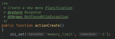 Fragmento de código PHP que muestra un método cuya primera línea que se ve es una instrucción que modifica el límite de consumo de memoria para que sea infinito.