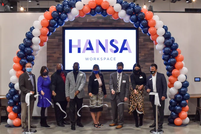 Left to Right: HANSA Co-Founder Carl Montante, Jr.; HANSA President & Co-Founder Kellena Kane; The Rev. Mark Blue, Erie County Industrial Development Agency; Hon. Howard Johnson, Erie County Legislature; Uniland Architectural/Interior Designer Mary Hazlett; Brendan Mehaffy, City of Buffalo; HANSA Community Manager Laura Jimenez; and Uniland CEO Michael Montante