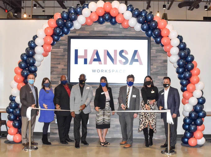 Left to Right: HANSA Co-Founder Carl Montante, Jr.; HANSA President & Co-Founder Kellena Kane; The Rev. Mark Blue, Erie County Industrial Development Agency; Hon. Howard Johnson, Erie County Legislature; Uniland Architectural/Interior Designer Mary Hazlett; Brendan Mehaffy, City of Buffalo; HANSA Community Manager Laura Jimenez; and Uniland CEO Michael Montante