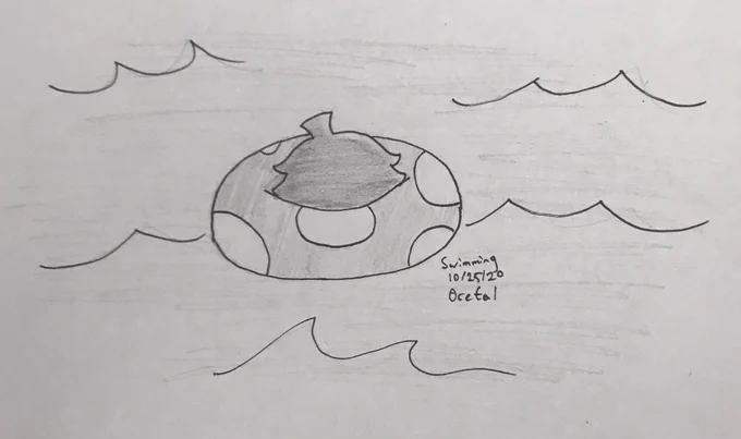 My shape shifting character in their small base form in a pool floaty in the water.