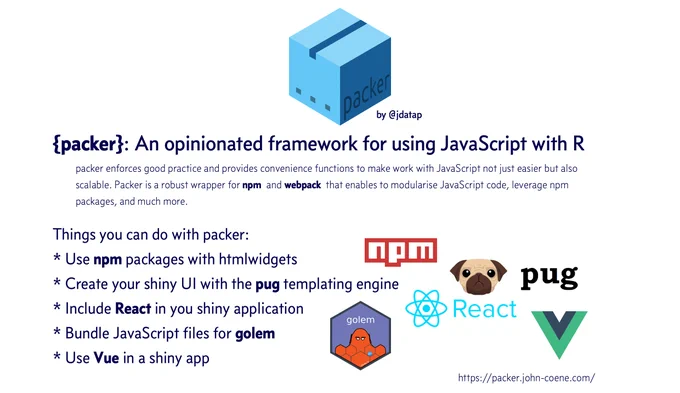 Packer enforces good practice and provides convenience functions to make work with JavaScript not just easier but also scalable. Packer is a robust wrapper for npm  and webpack  that enables to modularise JavaScript code, leverage npm packages, and much more.
