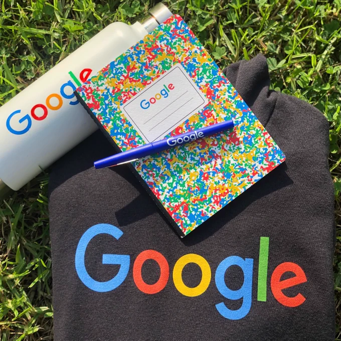 Google branded Sweatshirt, water bottle, pen and notebook.