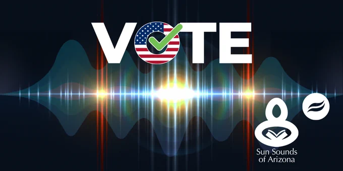 Vote poster with radio waves, Sun Sounds and Rio waves brand