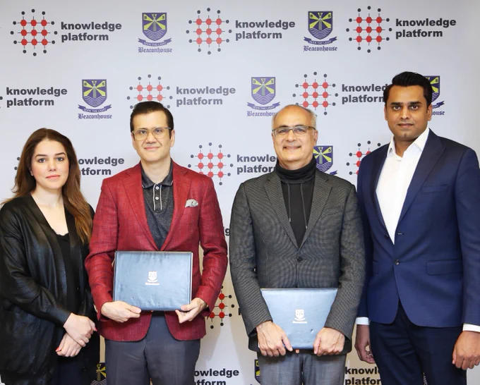 Present at the signing of the education technology transaction agreement were (from left) Ms. Amina Wattoo Kasuri, Project Director Concordia Colleges, Mr. Nassir Kasuri, Executive Director Beaconhouse Group, Mr. Mahboob Mahmood, Founder Knowledge Platform, and Mr. Talhah Munir Khan, CEO Knowledge Platform.
