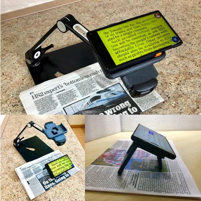 Pocket Voice portable, handheld magnifier/text-to-speech reader with stand option.