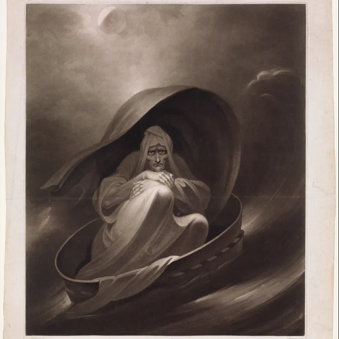 A black and white print of an older figure curled up with their knees to their chest and their arms crossed and resting above their knees inside of a small circular vessel caught on a stormy sea. A cape, caught in the wind, works to frame the figure and the vessel in a swooping motion that mirrors the waves on the sea. The figure wears a billowing garment that covers their head and expresses an emotion between sadness, and pensiveness, and stares directly at the viewer.Behind them a full moon shines light onto the scene behind soft clouds. 