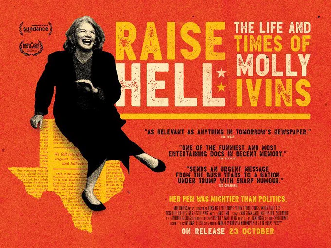 A graphic image with a cut out photo of Molly Ivins, in black and white, she's dancing above a ripped out section of newsprint in the shape of Texas. The background is gritty red and in bold yellow and cream text the title says "Raise Hell: The Life and Times of Molly Ivins"