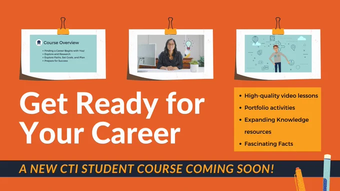 Flyer for course shows a screenshot of the course presenter sitting at a desk and a graphic illustration of a character with many floating objects around him. 