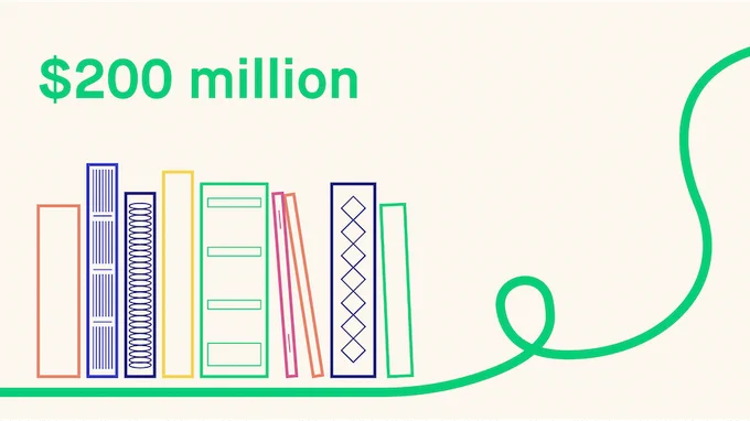 $200 million in green text with line drawings of book spines and a green flourish