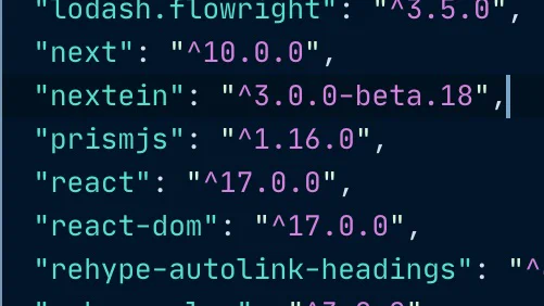 package.json dependencies list showing next, nextein and react.