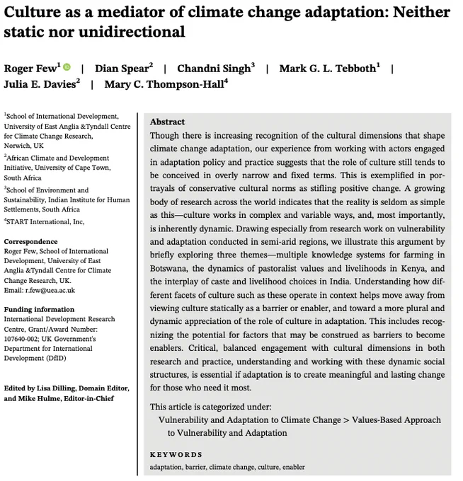 Picture of the title, authors and abstract of the first page of the article Culture as a mediator of climate change adaptation: neither static nor unidirectional authored by Roger Few et al 