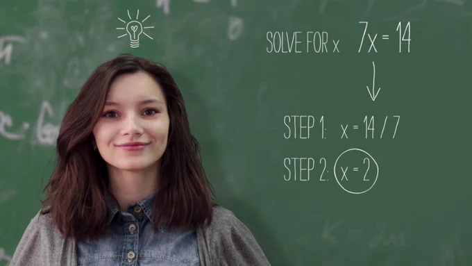 A girl stands in front of a chalkboard with algebra written out step-by-step.