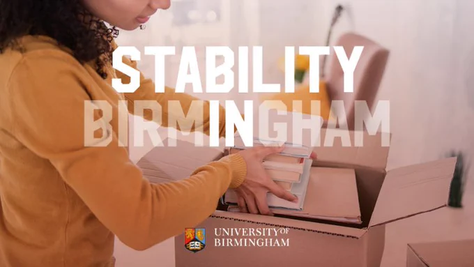 Stability in Birmingham, University of Birmingham logo, student packing box