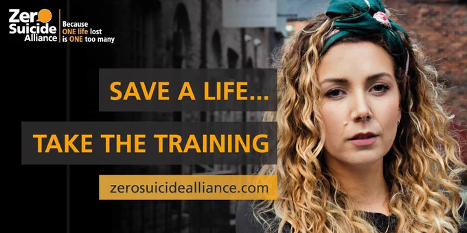 Photo of a young woman standing outside with the text: Save a life, take the training. zerosuicidealliance.com