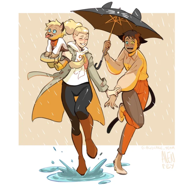Catra, Adora and Finn walking under the rain and playing