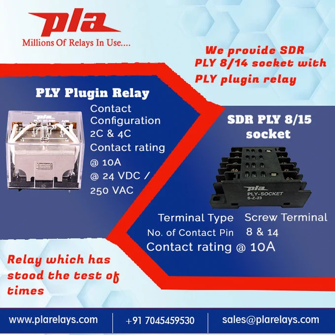 PLY plugin relay with SDR PLY 8/14 Socket
Contact configuration 2C & 4C
contact rating @ 10A
Resistive @ 24 VDC / 250 VAC
www.plarelays.com / sales@plarelays.com

#plarelays #powerrelay #PRS #socket #14pins #screw #terminals #ply #resistive #automation #electromagnetic #electrical #reedrelay #pluguinrelay #configuration #ampere #coil #rating #solder #lugs #voltage #stabilizer #sdrply #socket #processcontrols #heaters #invertors #airconditioner #machines #vending #electricallife #automotive #technology #innovation #suppressor #normalrange #surge #biomedical #equipments #inverters #processcontrolsystem #temperaturecontroller #powersupplies #industrialcontrols #integratorcontrolpanels #dcpanels #highdcvoltage #capacity #lighting #mpc #pmy #ply #pmcm #mpcn #hmpc #hpcc #coil #flexible #electricalindustry #plugin #reed #generalpurpose #manufacturer #industrial #controlpanels