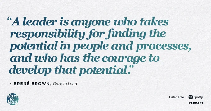 A Dare to Lead podcast graphic quote card that says, "A leader is anyone who takes responsibility for finding the potential in people and processes, and who has the courage to develop that potential." - Brené Brown