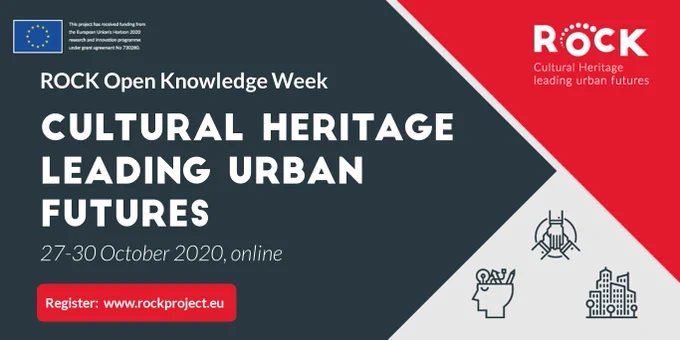 Promotional proster from ROCK in red, white and grey with wording saying "cultural heritage leading urban futures"