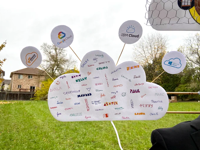 "Public cloud": Lots of graffitied names, kind of like what you might find in a public bathroom stall. Surrounded by multiple cloud provider logos (ie. #multicloud).
