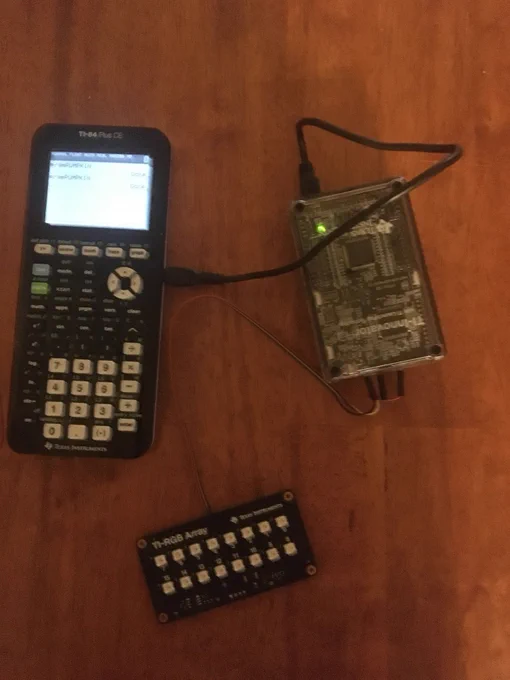 TI-Basic code for TI-84 Plus CE calculator for TI-RGB Array

Send("CONNECT RGB ")
For(N,1,100)
randInt(0,255)→R 
randInt(0,255)→G
randInt(0,255)→B
Send("SET RGB ALL eval(R) eval(G) eval(B)")
Wait 1
End
Send("SET RGB ALL 0 0 0")