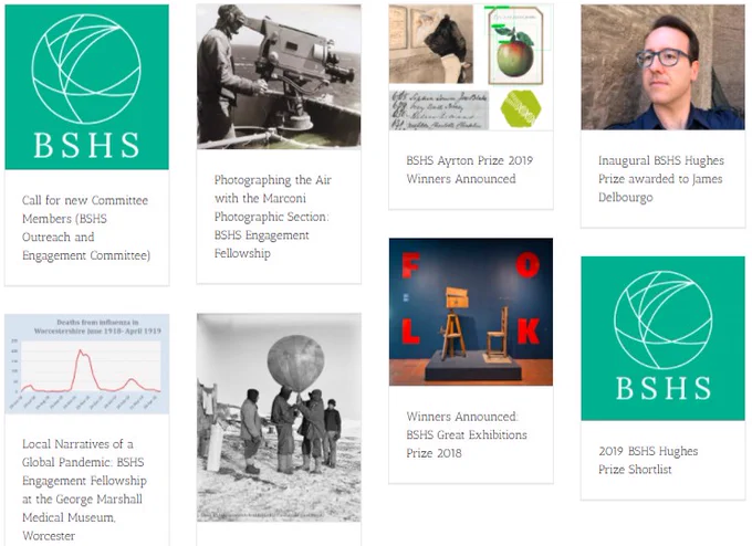 Image shows news items from the BSHS Outreach and Engagement Committee's web page, including blog posts and prize announcements, Available at: https://www.bshs.org.uk/outreach-and-engagement