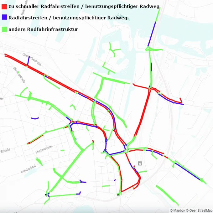 Eine Karte die die Radwege in Harburg zeigt, in rot benutzungspflichtige Radwege und Radfahrstreifen die zu schmal sind. In blau andere Radfahrstreifen und benutzungspflichtige Radwege und in grün andere Radfahrinfrastruktur. Es sind mehr Wege rot als blau, grüne Wege sind in den Randbereichen mehr vertreten.