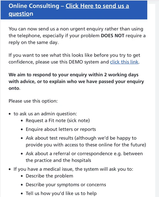 Guide for patients about what to use Online Consulting for - same information is in link in tweet