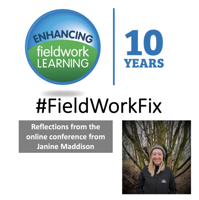 Composite image with the Enhancing Fieldwork Learning 10 year logo, #fieldworkfix, words: Reflections from the online conference from Janine Maddison, and a picture of Janine who is standing in front of a tree and wearing a warm hat and jacket.
