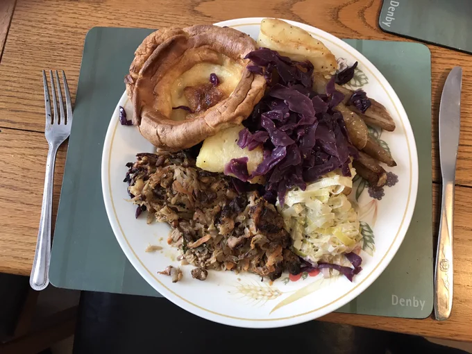 Yorkshire pud, nut roast, red cabbage, roast potatoes filling my plate #FeelingFull