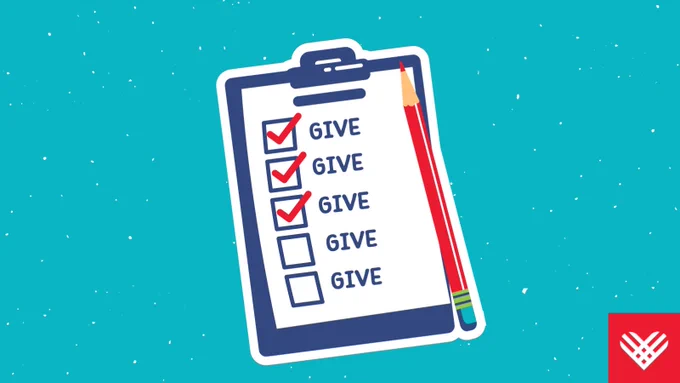 A clip board that says "give" multiple times with check marks next to a few of them. A red pencil is next to it.