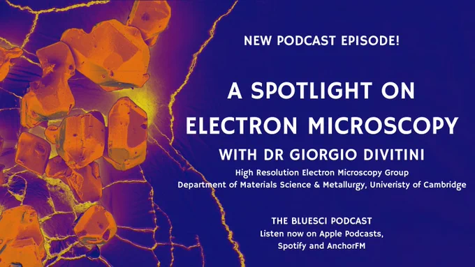 Coloured electron micrograph of by Dr Giorgio Divitini, available at: https://www.flickr.com/photos/giorgiodivitini/37089370623/in/album-72157633723329562/

Text reads: new podcast episode! A spotlight on electron microscopy with Dr Giorgio Divitini. High Resolution Electron Microscopy Group, Department of Materials Science & Metallurgy, University of Cambridge. 

The BlueSci Podcast. Listen now on Apple Podcasts, Spotify, and Anchor FM.