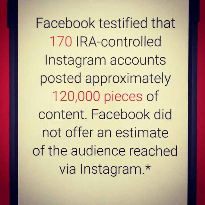 Facebook testified that 170 IRA-controlled Instagram accounts posted approximately 120,000 pieces of content. Facebook did not offer an estimate of the audience reached via Instagram.
