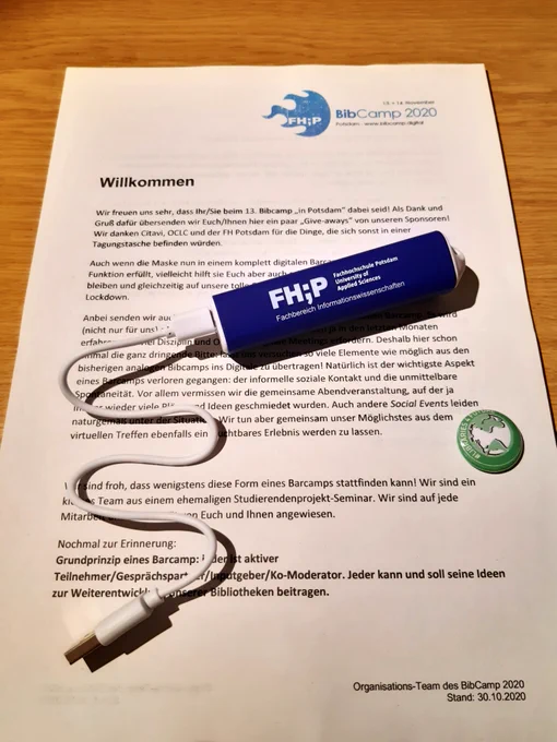 Willkommens-Brief des BibCamps 2020 mit Geschenken