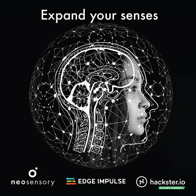 Image description: Black and white image of a women in profile with illustrated brain diagram and abstract pattern overlaid. Text on top reads "Expand your senses" with the Neosensory, Edge Impluse and hackster.io logos on the bottom.