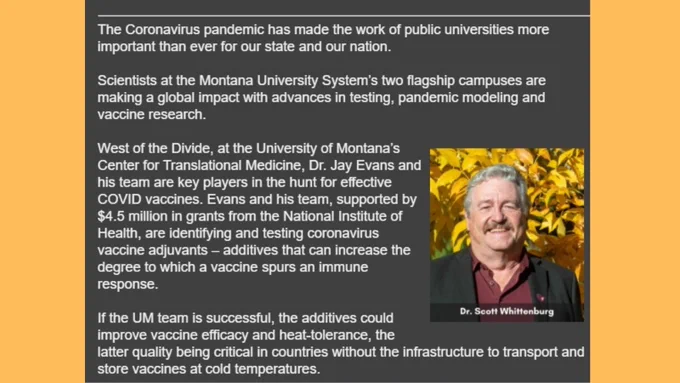 First four paragraphs of the newsletter story on how UM and MSU are having a global impact in the fight against COVID with head shot of Dr. Scott Whittenburg, VP for Research and Creative Scholarship at the University of Montana.