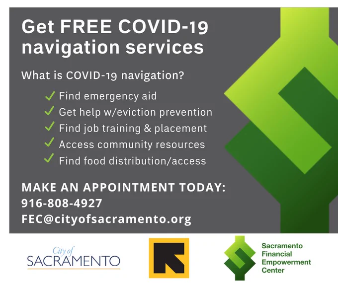 Get FREE help accessing COVID-19 resources including, job training and placement, meals, unemployment and more. Make an appointment today by calling 916-808-4927 or email FEC@cityofsacramento.org. Learn more: cityofsacramento.org/financialempowerment 