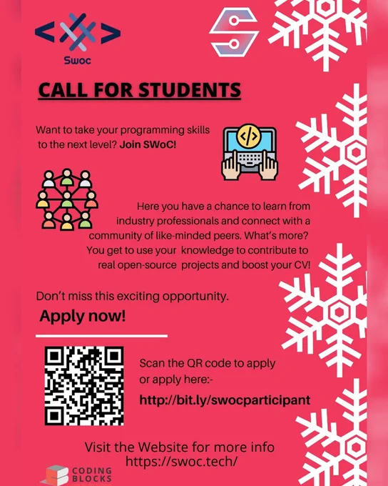 Want to upskill yourself over the winter while learning and enjoying yourself?

Script Winter of Code is the place to be if you desire to learn and contribute to opensource projects!

We’re opening student registrations for students and mentors,and if you love open source,SWoC is the place to be.

So git push origin -m “student registration” and we’ll see you at the projects !

Register - http://bit.ly/swocparticipant

Visit out site -   http://swoc.tech

For any questions/queries - support@www.swoc.tech


Happy Open Sourcing