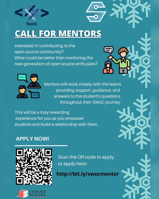 Do you have a passion to uplift others ?

Is guiding others to the open source world your calling?

Script Winter of Code is here to connect mentors with students on open source projects for  open source.

Mentor registration open now!

Register - http://bit.ly/swocmentor

Visit out site -   http://swoc.tech

For any questions/queries - support@www.swoc.tech
