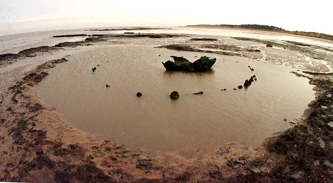 A muddy beach with a circle of timber tops poking through and large irregular timber in the centre.