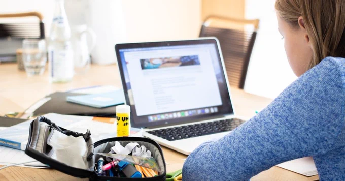 girl, laptop, school supplies