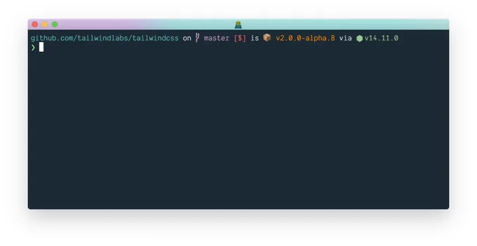 Image showing terminal output where the "folder" is a GitHub link. Output: github.com/tailwindlabs/tailwindcss on  master [$] is 📦 v2.0.0-alpha.8 via ⬢ v14.11.0