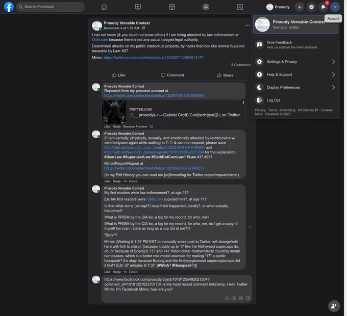 Me logged into all my accounts trusting all at once, in public, like day one. (Accounts for https://www.fb.com/prosody and https://www.twitter.com/contechtext shown.)

https://www.facebook.com/prosody/posts/10101255492021204?comment_id=10101257023701704 is the most recent comment linkstamp shown, which is for the post shown.
