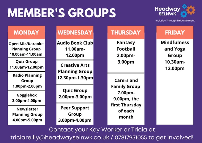 Member's Group timetable. Monday: Open Mic/Karaoke Planning Group 10am-11am, Quiz Group 11am-12pm, Radio Planning Group 1pm-2pm, Gogglebox 3pm-4pm, Newsletter Planning Group 4pm-5pm. Wednesday: Audio Book Club 11am-12pm, Creative Arts Planning Group 12.30pm-1.30pm, Quiz Group 2pm-3pm, Peer Support Group 3pm-4pm. Thursday: Fantasy Football 2pm-3pm, Carers and Family Group 7pm-9pm. Friday: Yoga Group 10.30am-12pm.