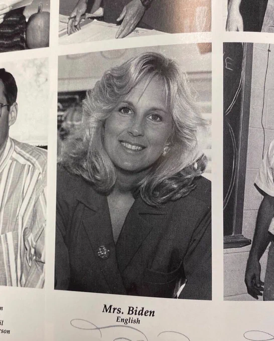 Black and white yearbook photo of Doctor Jill Biden says Mrs. Biden. English.