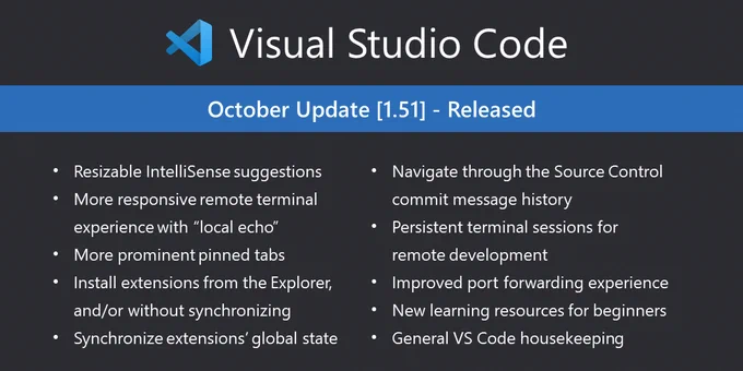 VS Code 1.51 (October 2020) Release note highlights. Including: "Resizable IntelliSense suggestions", "More responsive remote terminal experience with local echo", "More prominent pinned tabs", "Install extensions from the Explorer and/or without synchronizing", "Synchronize extensions' global state", "navigate through the Source Control commit message history", "Persistent terminal sessions for remote development", "Improved port forwarding experience", "New learning resources for beginners", "General VS Code housekeeping"