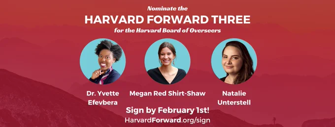 Headshots of the Harvard Forward Three: Dr. Yvette Efevbera, Megan Red Shirt-Shaw, and Natalie Unterstell. 