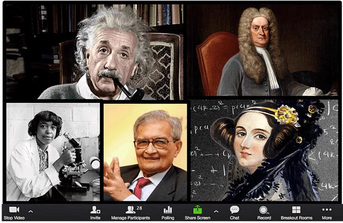 Mocked up image of assorted nerds of history on a Zoom call together, including Albert Einstein and Ada Lovelace.