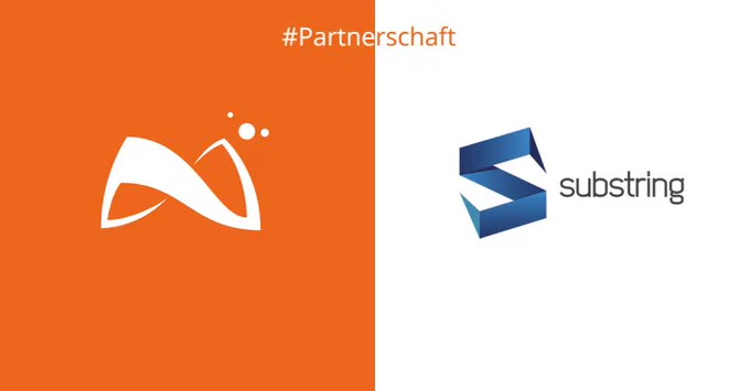 Left: The white Nothing AG logo on a orange background. Right: The Substring logo on white ground.